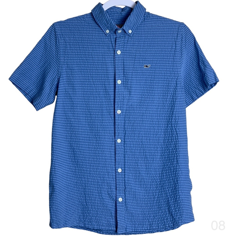 Vineyard vines boys large whale swiss dot blue short sleeve shirt.